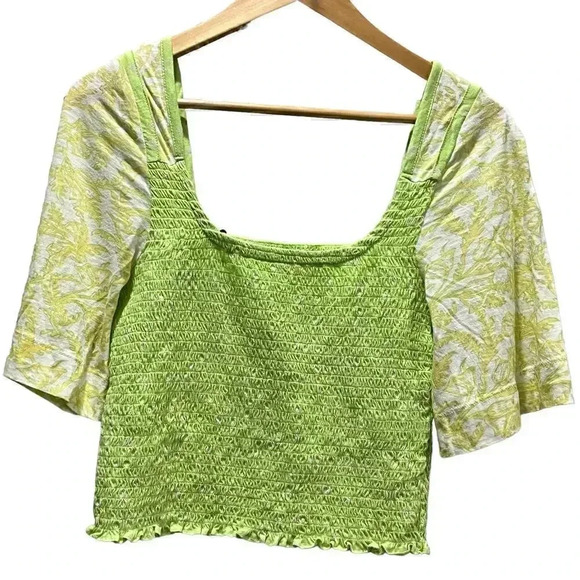 Free People Marigold Smocked Lime 3/4 Sleeve Top Small‎ - Picture 1 of 7